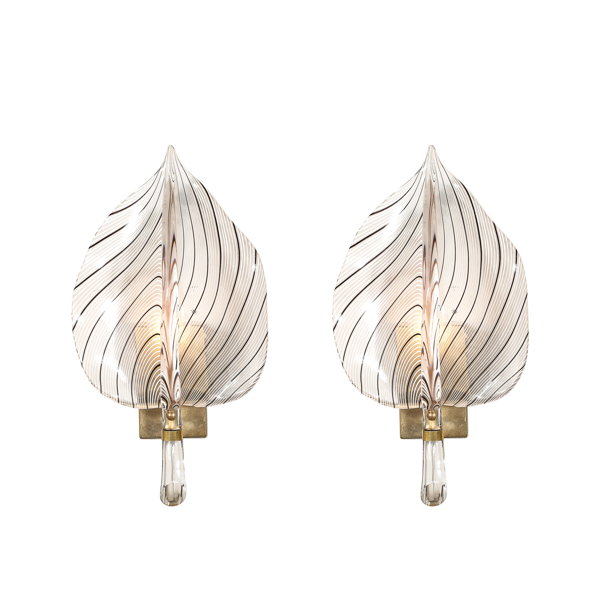 Mid-Century Hand-Blown Black Linear Murano Glass Leaf Sconces by